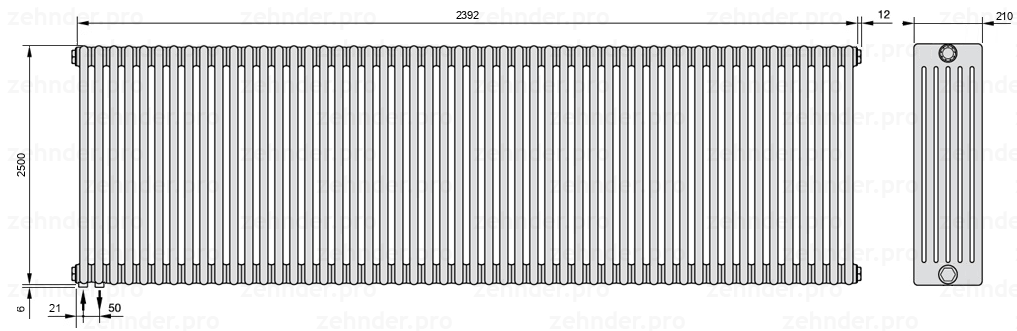 Схема (чертеж) Радиатор Zehnder Charleston 6250/52 №3370 Белый глянцевый RAL 9016